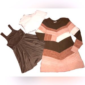 SOLD — Bundle: Sweater Dress, 16; Brown Faux-Suede Jumper Dress, 12; White T, 12